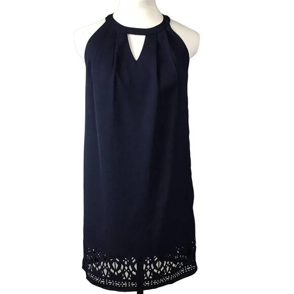 Greylin Melissa Laser Cut Deep Navy Blue Halter Shift Mini Dress sz XS - Picture 5 of 13